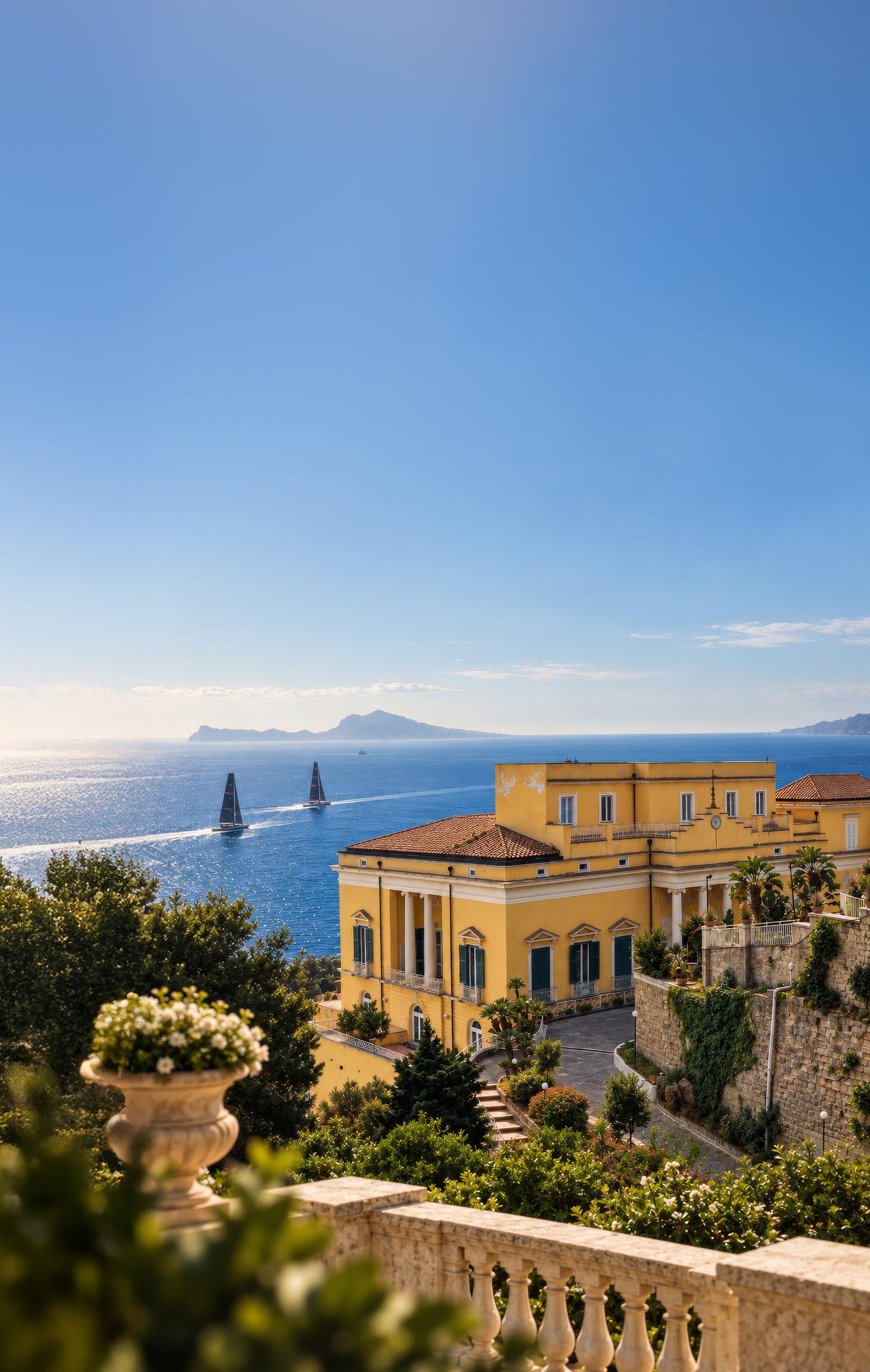 Villa Doria D'Angri affacciata sul Golfo di Napoli, con due catamarani dell'America's Cup al largo